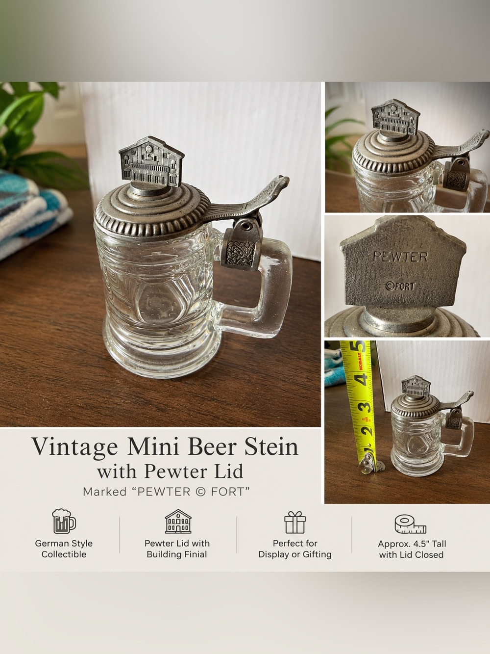Vintage Mini Glass Beer Stein with Pewter Lid | Fort Pewter Lidded Shot Mug